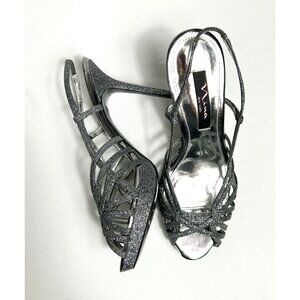 Nina Women's Fonda Metallic Glitter Strappy Stilettos in Pewter/Silver - Sz 9.5